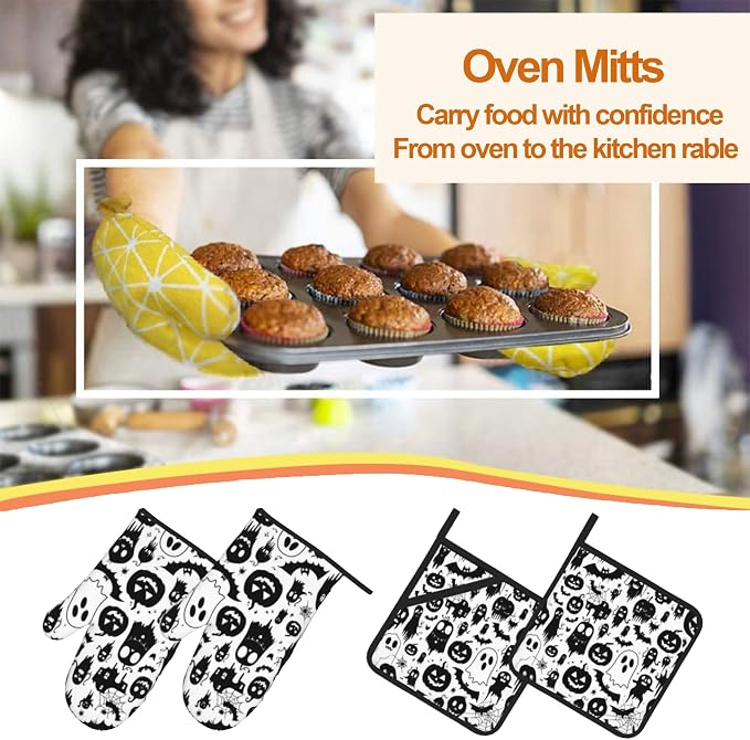 Halloween Ghost Pumpkin Pattern Oven Gloves and Hot Pads Set - Image 7