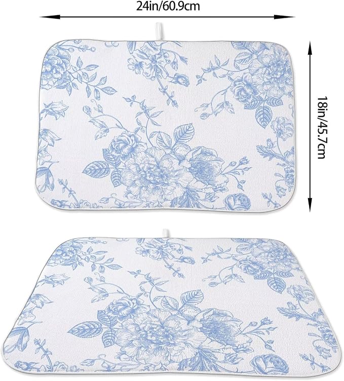 Baby Blue Chinoiserie Floral Dish Drying Mat 18 x 24 inch Vintage Flower - Image 2