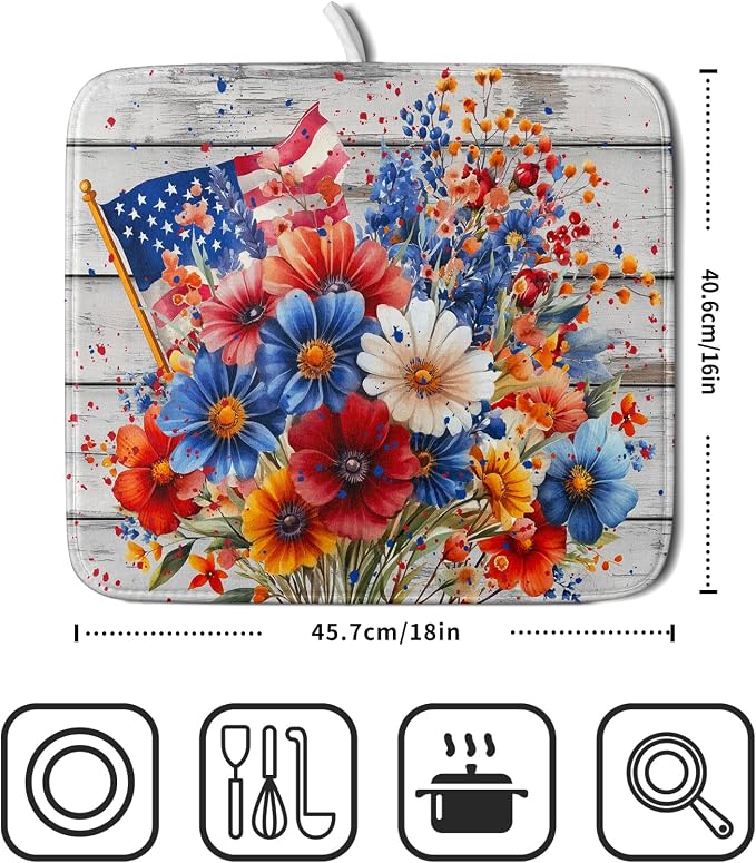 4th of July Dish Drying Mat 16x18 inch Patriotic Floral Fast Dry Microfiber - Image 2