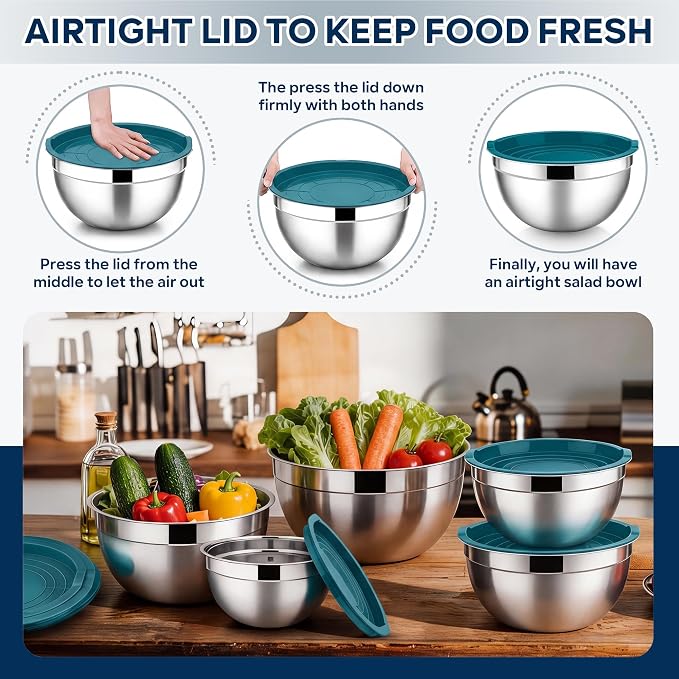 E-far Mixing Bowls With Lids Sets of 5, 10-Piece Stainless Steel Salad Metal - Image 6