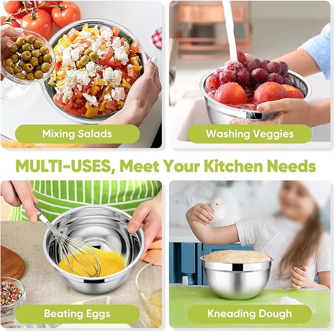 TeamFar Mixing Bowls, 4.5/3/1.5/1/0.7 QT, Stainless Steel Metal Nesting Salad - Image 5