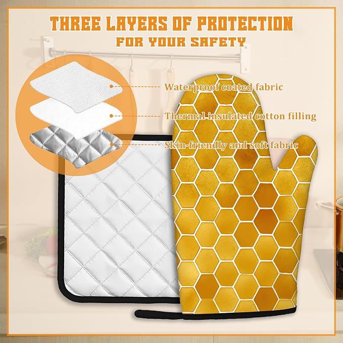 Honeycomb Oven Mitts and Pot Holders Set, Bee Kitchen Decor Heat Resistant Non - Image 3