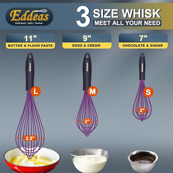 Silicone Whisk, Eddeas Whisk Non-Scratch Coated Whisks set of 3-Heat Resistant - Image 6