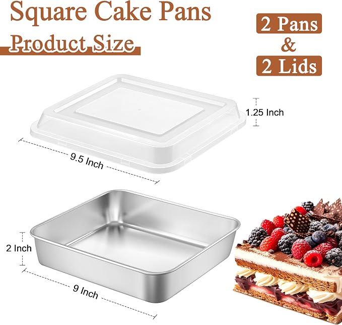LIANYU 9 x 9 Inch Square Baking Pan, 2 Pack Stainless Steel Square Cake Pan Set - Image 2