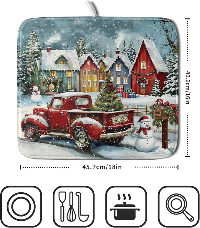 Christmas Dish Drying Mat for Kitchen Counter 18x16 Inch Xmas Red Truck Drying - Image 4