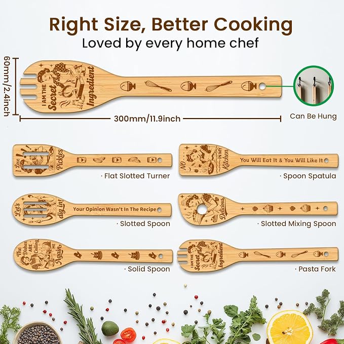 CUTHOLLOW 6PCS Retro Housewife Wooden Kitchen Cooking Utensil Set, 11.9in Non - Image 2
