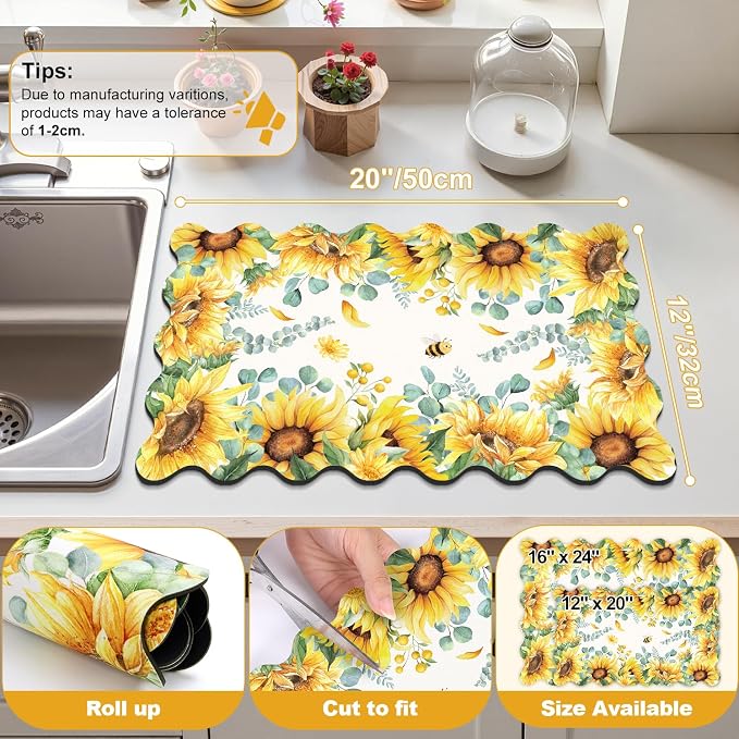 LOKHOM Scalloped Floral Dish Drying Mat, Cuttable Hide Stain Non-slip Drying Mat - Image 2