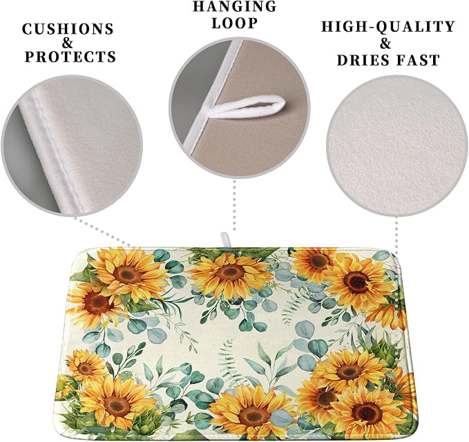 Sunflowers Dish Drying Mat for Kitchen Counter Yellow Flower Green Leaves Dish - Image 3