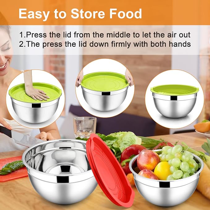 E-far Mixing Bowls with Lids, 6-Piece Stainless Steel Salad Bowls Metal Nesting - Image 7