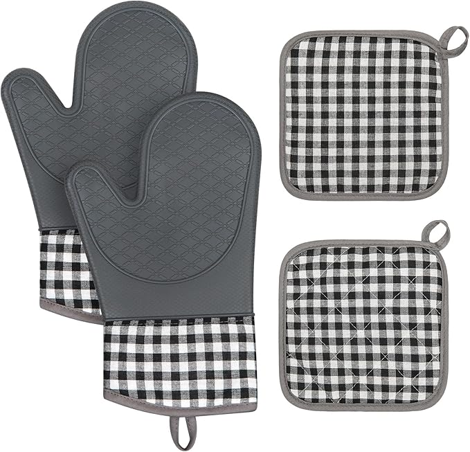 Tifanso Plaid Oven Mitts and Pot Holders 4-Piece Set, Oven Mitts Gloves Heat by tifanso