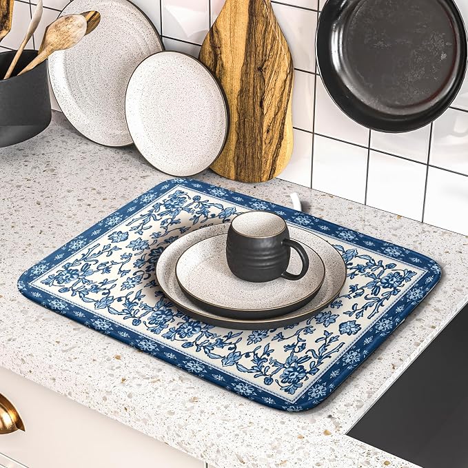 Blue Floral Dish Drying Mat for Kitchen Counter 16x18 Chinoiserie Flower Print - Image 5