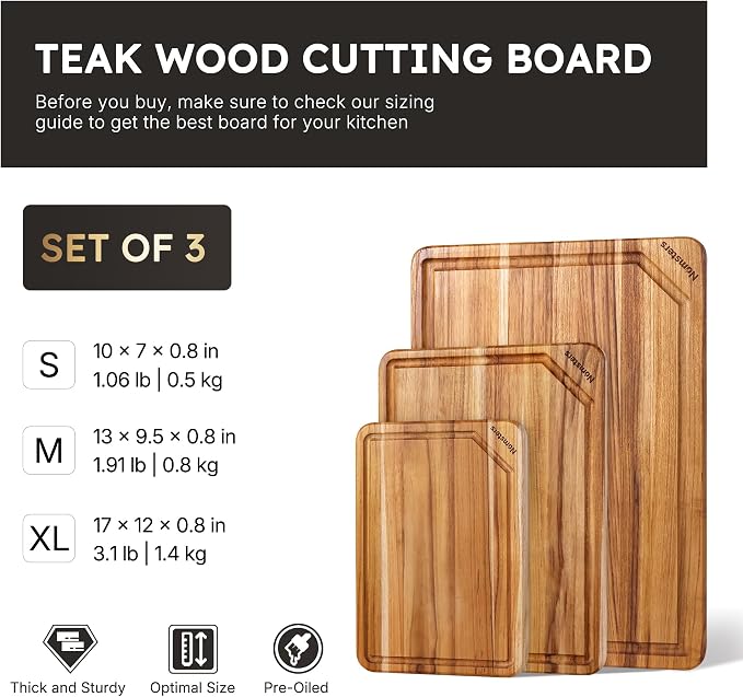 3 Pack Teak Wood Cutting Board Set Non Slip Over Sink Charcuterie Board Serving - Image 2