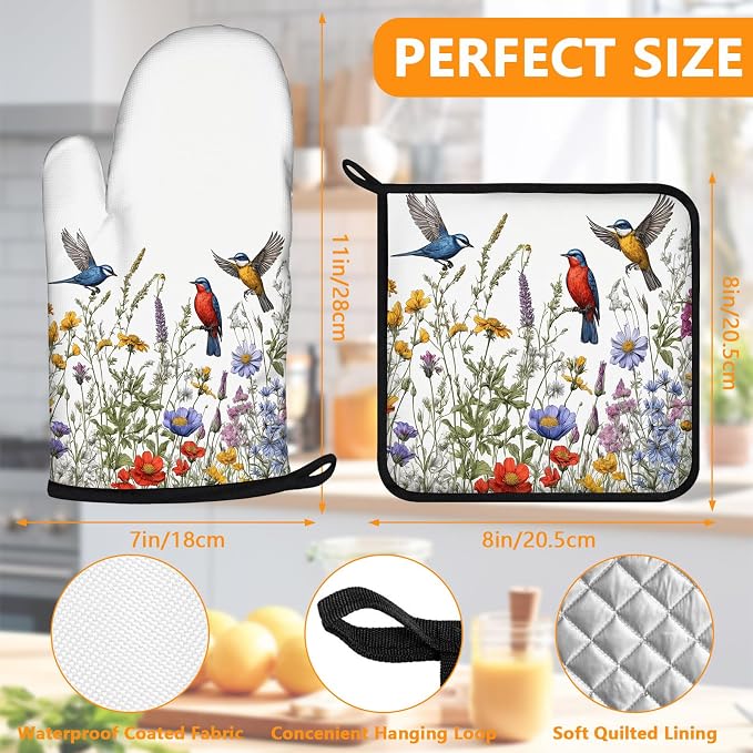Wildflowers Birds Oven Mitts and Pot Holders Sets 4Pcs, Extra Long Oven Gloves - Image 2