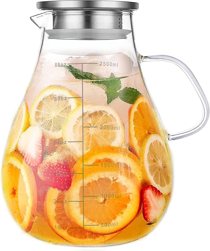 Glass Pitcher with Lid, 88 Ounces -2500ml with Precise Scale Line, Hot/Cold by Liuruiyu