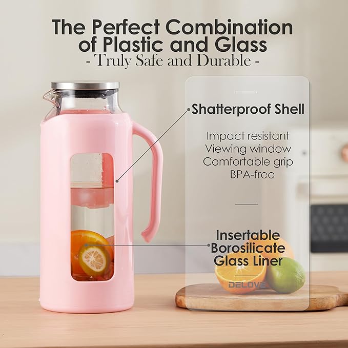 Delove Glass Pitcher with Lid & Shatterproof Shell – Heat-Resistant - Image 2