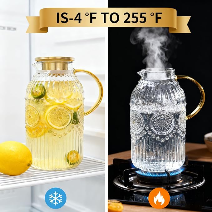 Amzcku Glass Pitcher with Lid, 101 oz/ 3 Liter Vintage Water Pitcher, Water - Image 6