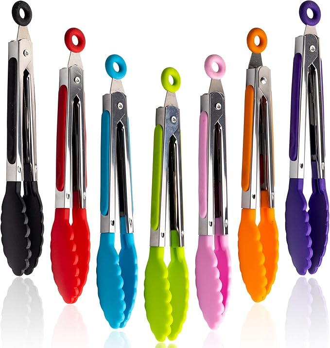7 Pack Kitchen Tongs Set 7-Inch Color Mini Small Food Tongs by Unknown