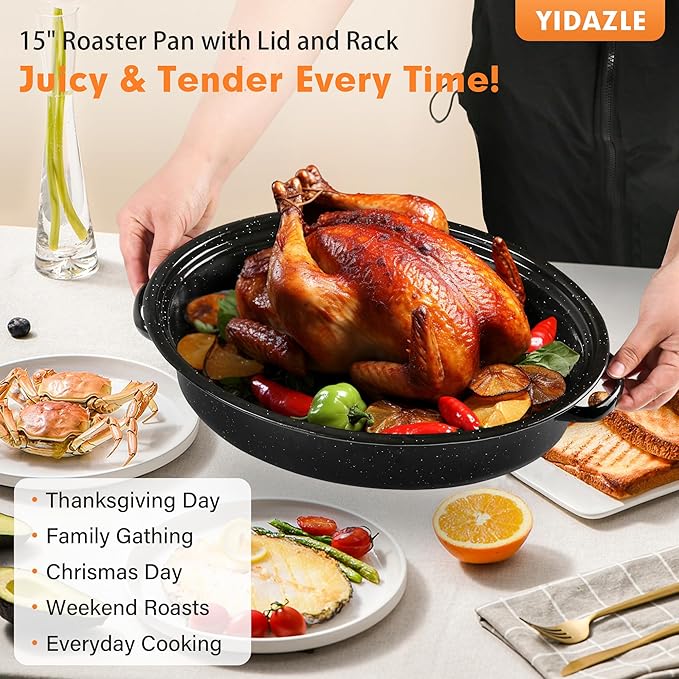 15” Roaster Pan with Lid and Rack, Small Enamel Roaster Pan with Oval Roasting - Image 7