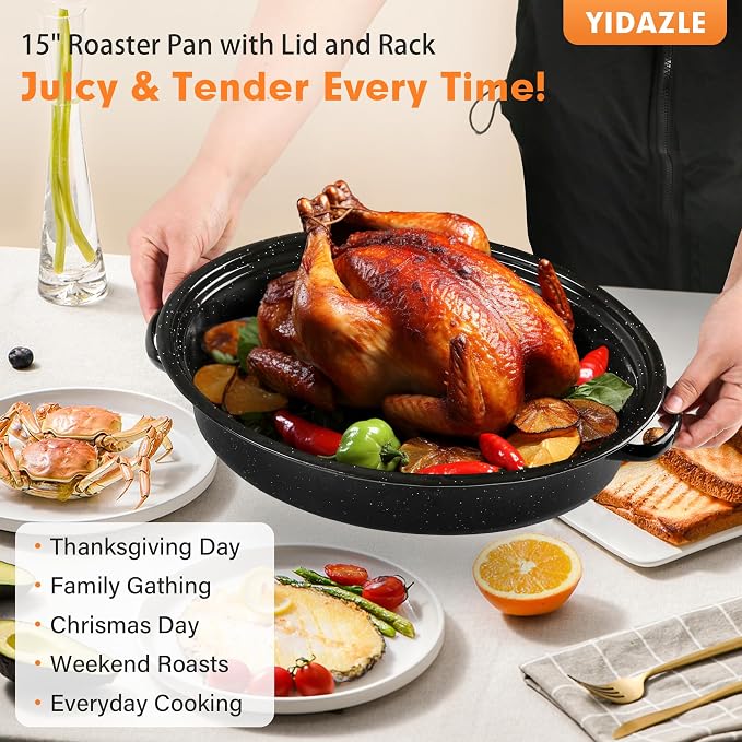 18” Roaster Pan with Lid and Rack, Large Enamel Roaster Pan with Oval Roasting - Image 7