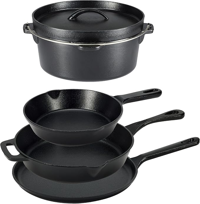 Amazon Basics Pre-Seasoned Cast Iron 5-Piece Cookware Set, Oven Safe, Cooks by AmazonBasics