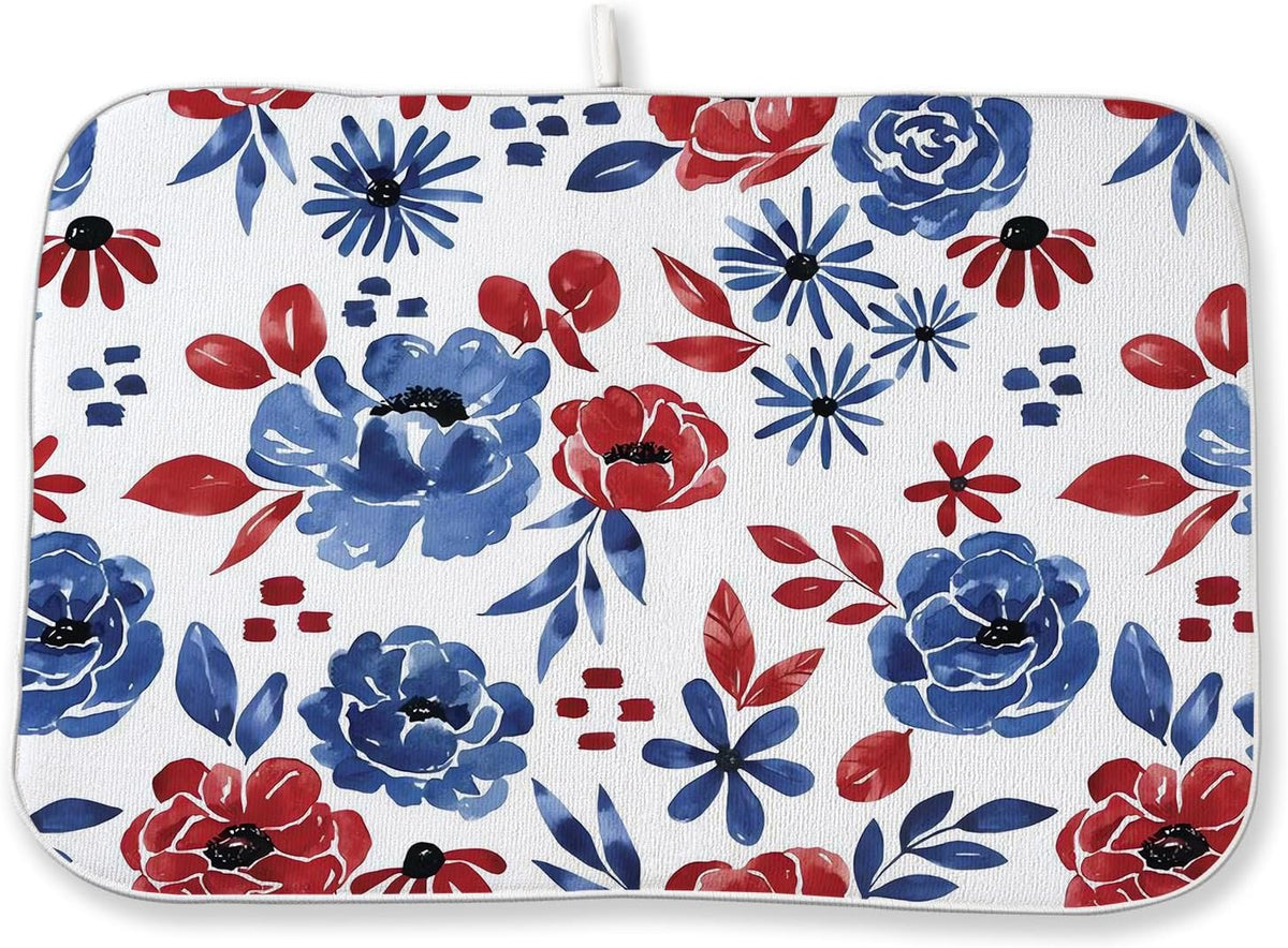 Red Blue Floral Dish Drying Mat 18x24 Inch Vintage 4th of July Drying