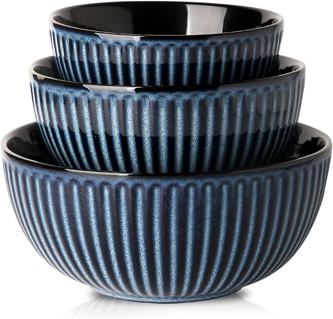HASENSE Mixing Bowls of 3, Porcelain Ribbed Bowls 1.5/1/0.5 Qt by Hasense