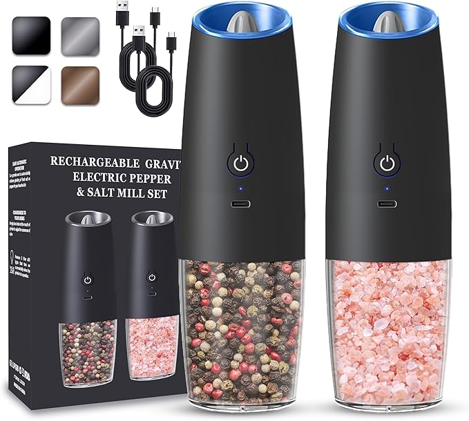 UNNEES Rechargeable Electric Salt and Pepper Grinder set of 2, gravity electric by UNNEES