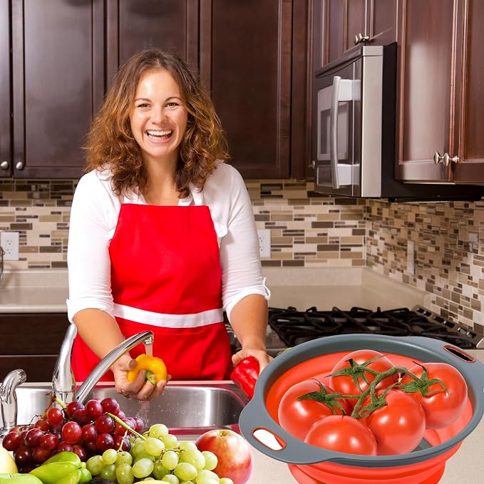 Red Round Silicone Collapsible Colander – Silicone Round Kitchen Strainers - Image 7