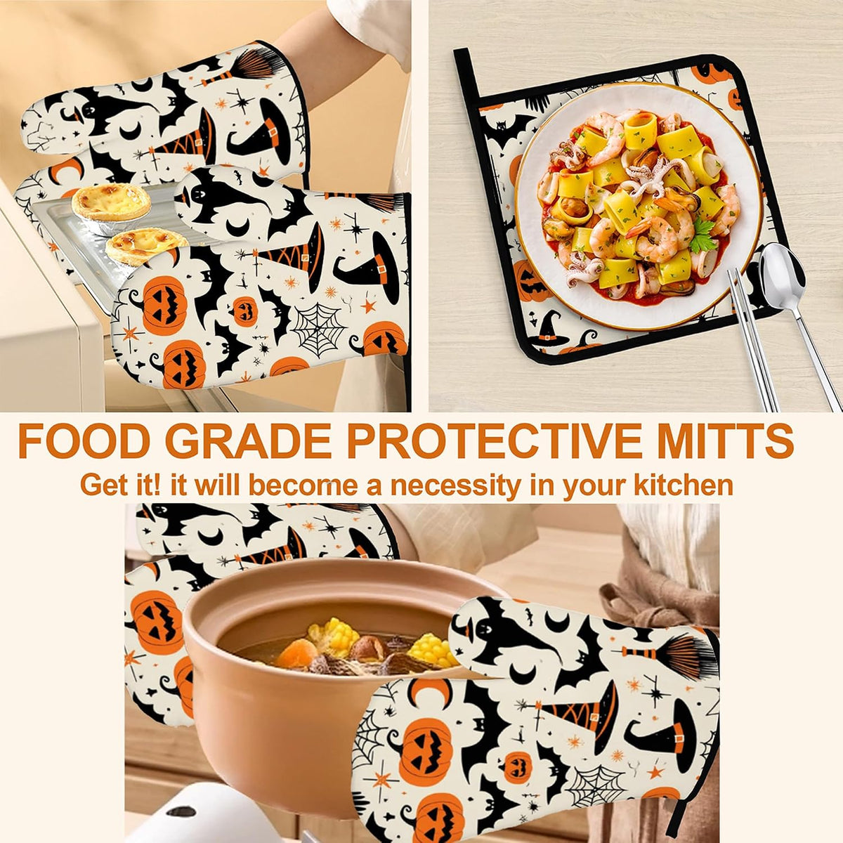 Halloween Pumpkin Bat Pattern Oven Gloves and Hot Pads Set - Heatproof
