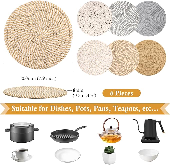 Billbotk 8" Trivets for Hot Dishes, Hot pots and Pans, 6 Heat Resistant Hot Pads - Image 2