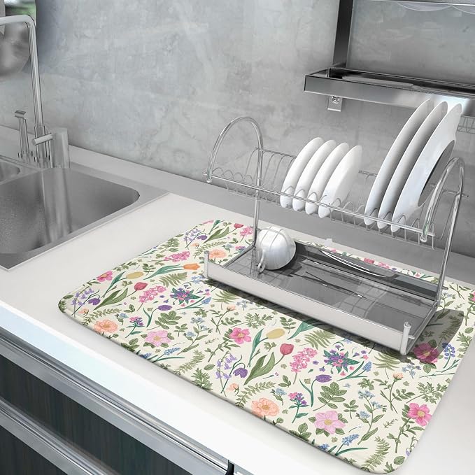 Spring Floral Dish Drying Mat for Kitchen Counter 18x24 Pink Sage Green Flower - Image 5