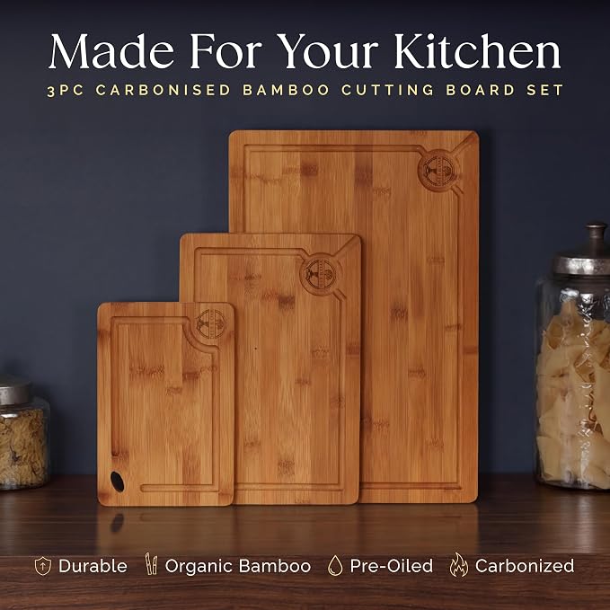 Pre-Oiled, Non Toxic 3-Piece Carbonized Bamboo Cutting Board Set, Eco-Friendly - Image 2