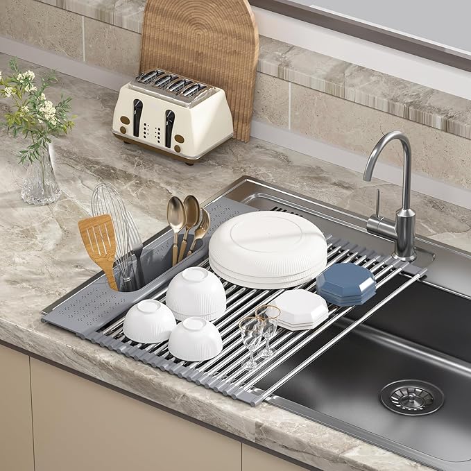 Roll Up Dish Drying Rack Over Sink, 17.5" x 15.2" Foldable SUS304 Stainless - Image 5