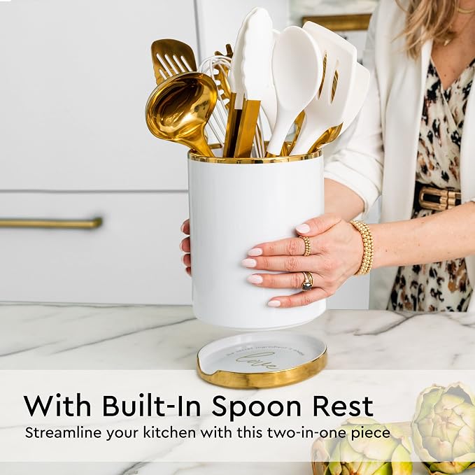 White Utensil Holder with Built-In Ceramic Spoon Rest - Image 2