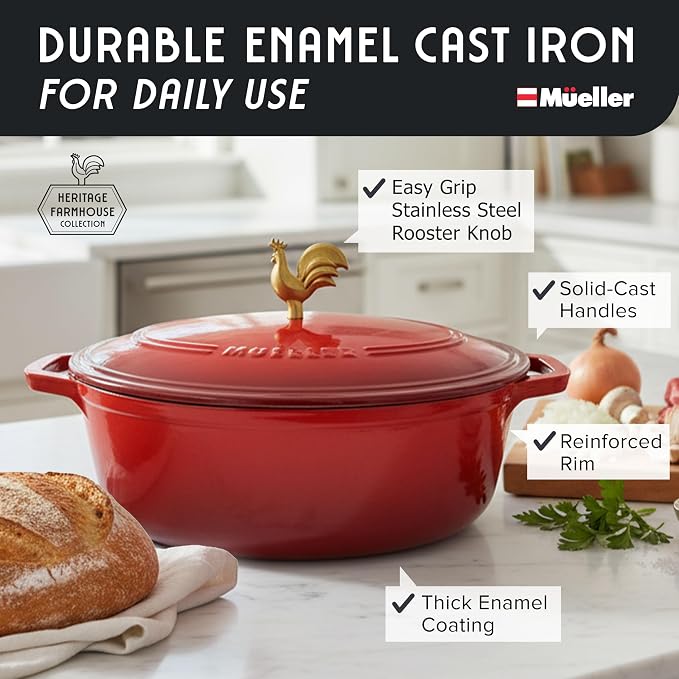 MUELLER HOME 5.5 Quart Enameled Cast Iron Oval Dutch Oven w Rooster Knob & - Image 2