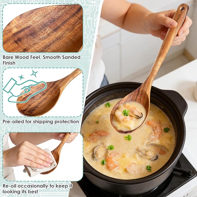 HOWHONG Wooden Cooking Spoon, Long Handle Acacia Wood Spoon - Image 3