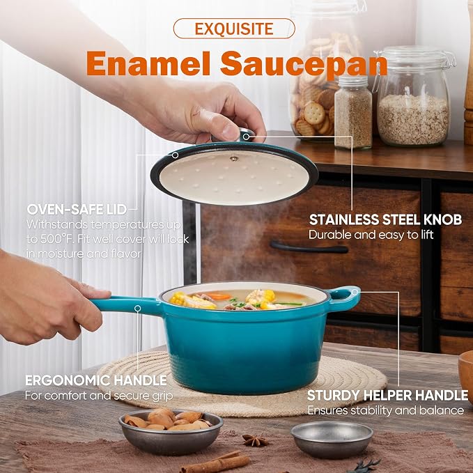 Homikit 1 QT & 2 QT Saucepan Set, Enameled Cast Iron Saucepan - Image 4
