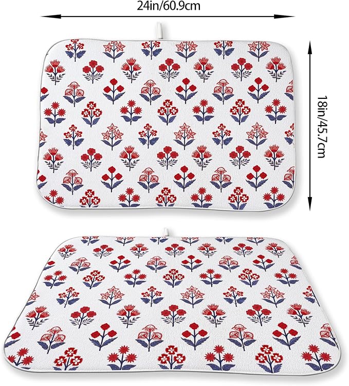 Red Blue Dish Drying Mat 18x24 Inch Vintage Boho Block Print Floral Drying Mat - Image 2