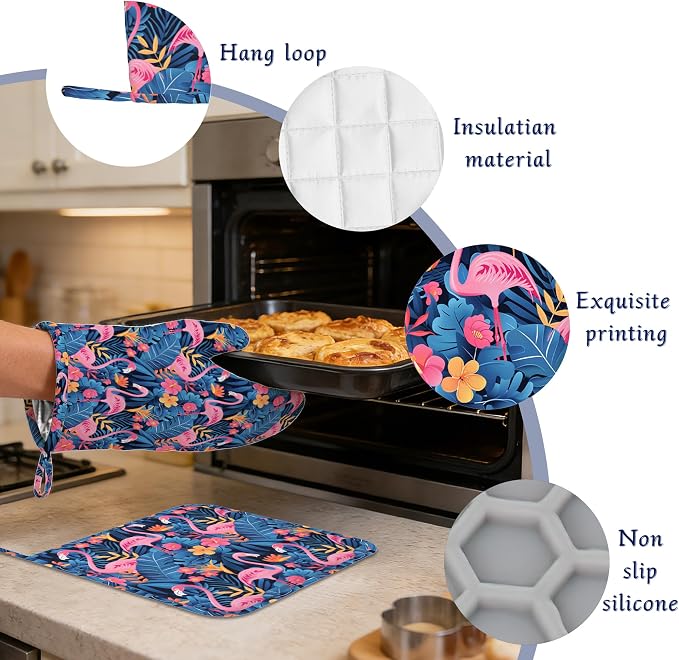 Oven Mitts and Pot Holders Sets Flamingo Tropical Flower Silicone Kitchen Mits - Image 4