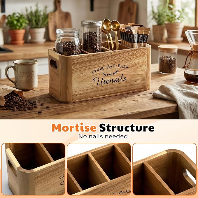 Acacia Wood Utensil Holder for Kitchen Countertop, Extra Large Wooden Utensil - Image 5