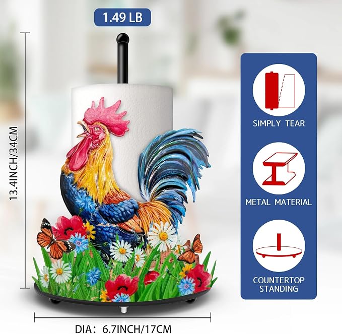 Hexagram Rooster Paper Towel Holder, Rooster Kitchen Bar Decor, Farmhouse - Image 2