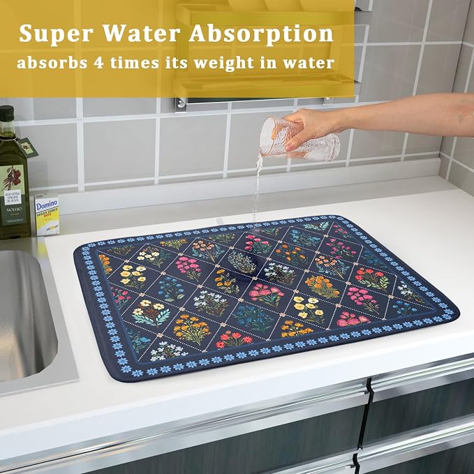 Lapis Blue Dish Drying Mat for Kitchen Counter Flowers Microfiber Absorbent - Image 7