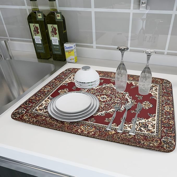Giwawa Vintage Boho Dish Drying Mat Antique Tribal Rustic Red Floral Dish - Image 6