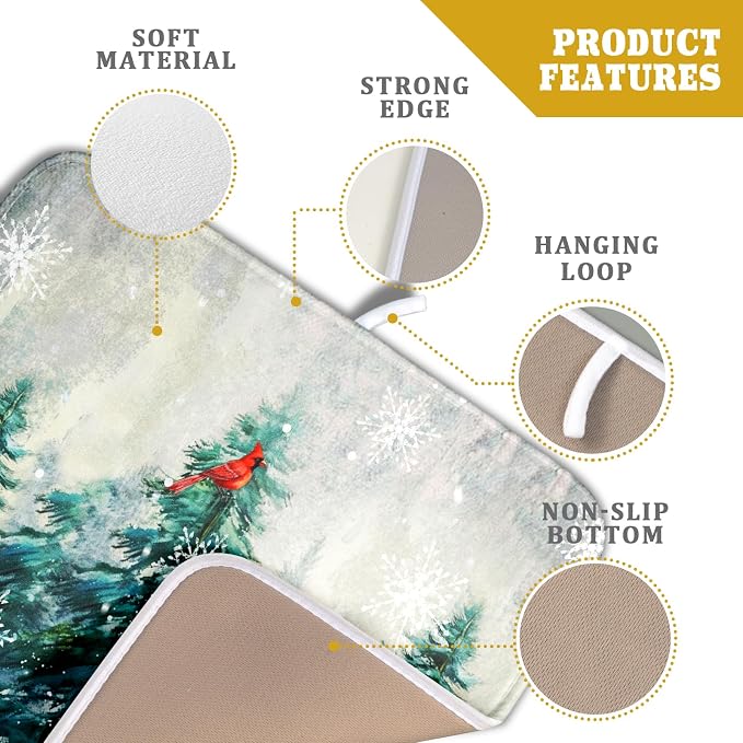 Pine Tree Dish Drying Mat for Kitchen Countertop Red Bird Dishes Mats Winter - Image 4