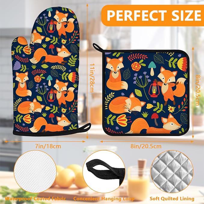 Cute Fox Oven Mitts and Pot Holders Sets 4Pcs, Extra Long Oven Gloves Potholder - Image 2