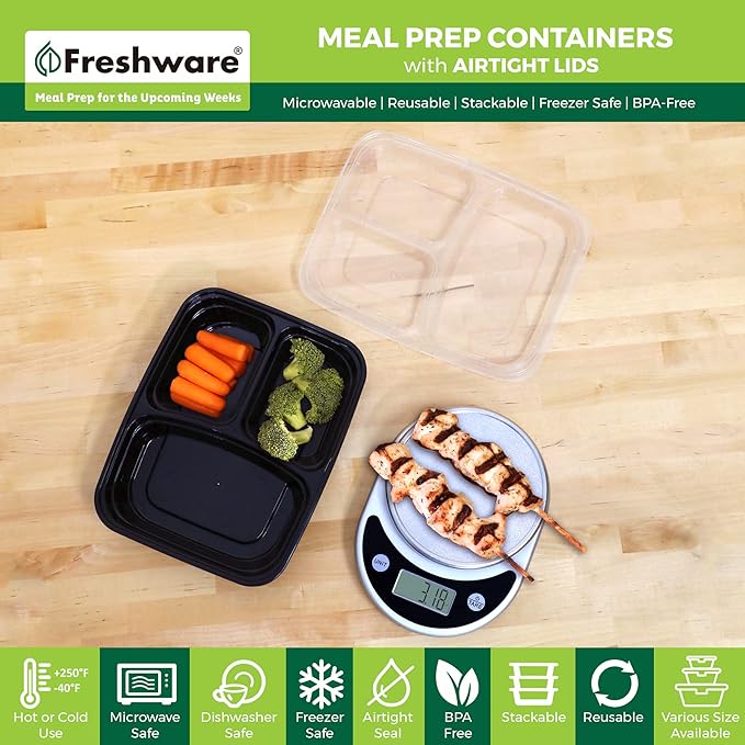 Freshware Bento Box Meal Prep Containers, 3-Compartment, 32 ounce - Image 2