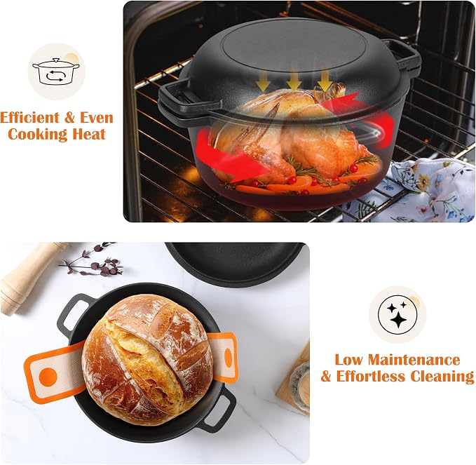 E-far 5QT Dutch Oven for Bread Baking, 2-IN-1 Cast Iron Pot - Image 6