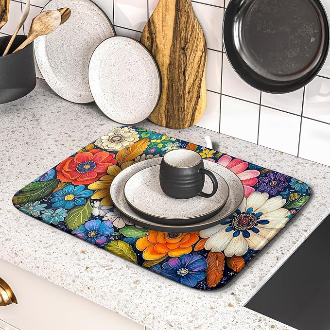 Giwawa Boho Flower Dish Drying Mat, Colorful Floral Leaf Dish Drainer Mats - Image 5