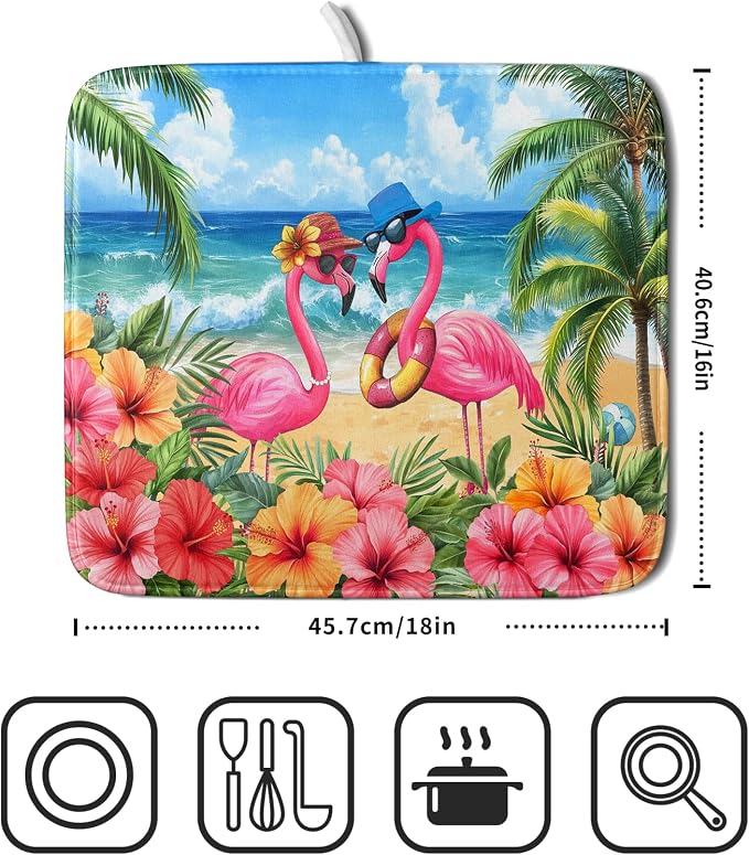 Summer Flamingos Dish Drying Mat 16x18 inch Tropical Beach Microfiber Washable - Image 2