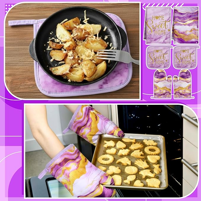 Bencailor Purple 6 Pcs Marble Kitchen Decor Gold Pot Holders Oven Mitts 2 Dish - Image 6